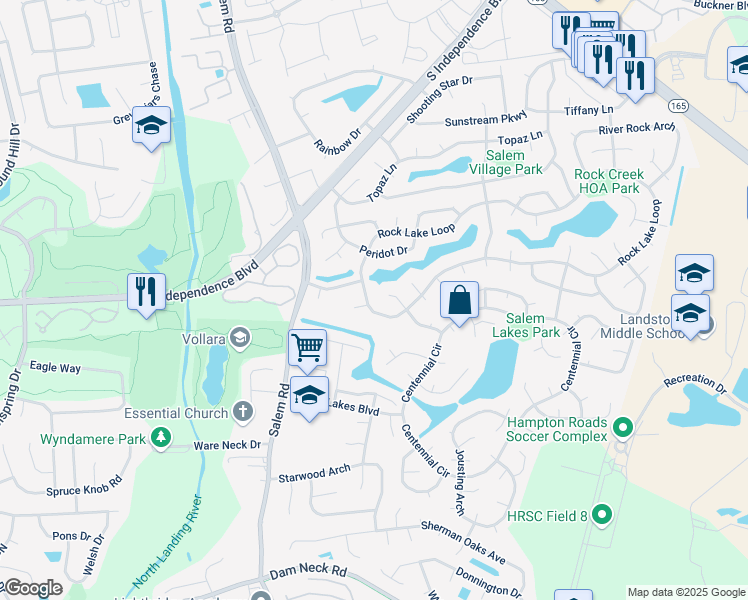 map of restaurants, bars, coffee shops, grocery stores, and more near 2460 Rock Lake Loop in Virginia Beach