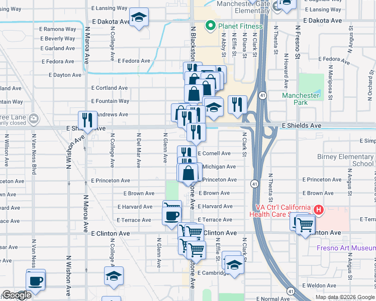 map of restaurants, bars, coffee shops, grocery stores, and more near 1616 East Simpson Avenue in Fresno