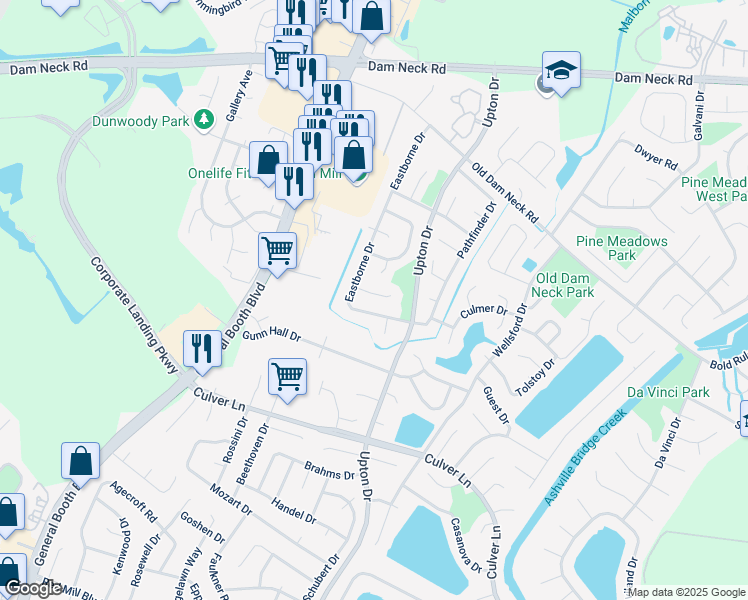 map of restaurants, bars, coffee shops, grocery stores, and more near 1200 Madras Court in Virginia Beach