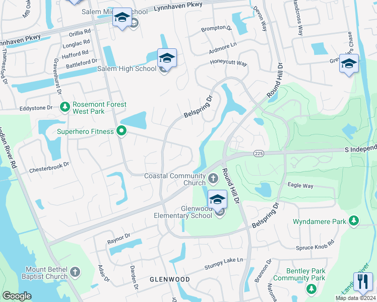 map of restaurants, bars, coffee shops, grocery stores, and more near 1157 Northvale Drive in Virginia Beach