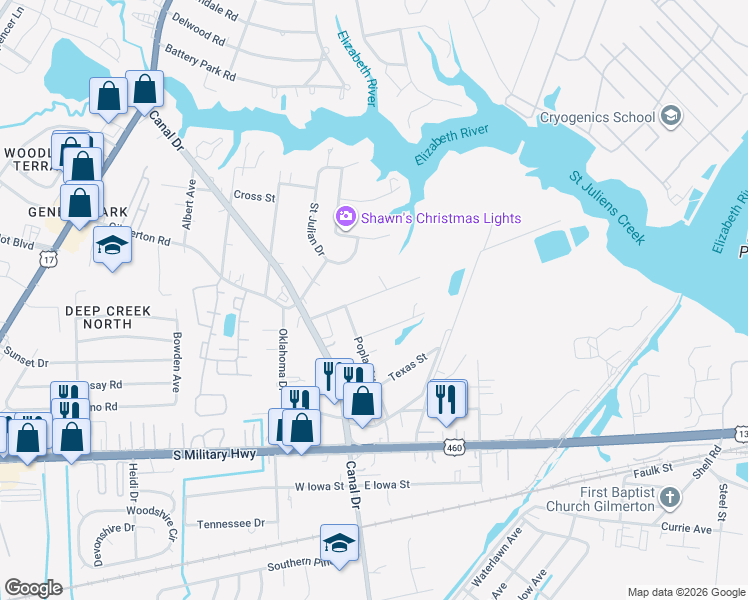 map of restaurants, bars, coffee shops, grocery stores, and more near 2044 Maywood Street in Chesapeake