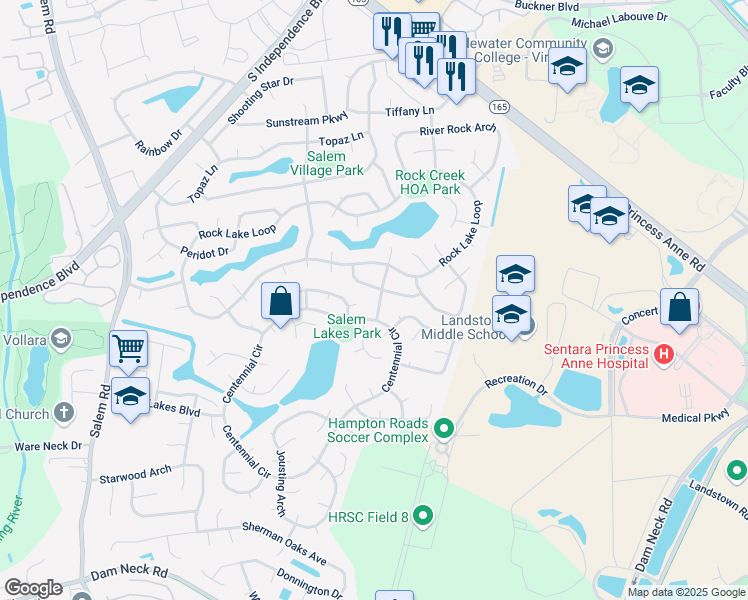 map of restaurants, bars, coffee shops, grocery stores, and more near 2225 Speckled Rock Lane in Virginia Beach