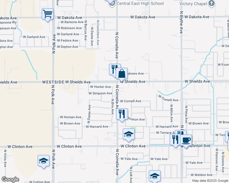 map of restaurants, bars, coffee shops, grocery stores, and more near in Fresno