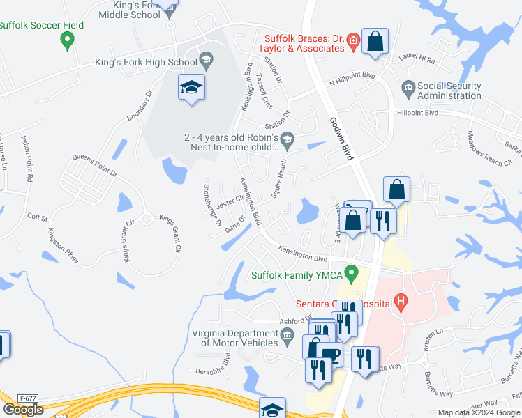 map of restaurants, bars, coffee shops, grocery stores, and more near 210 Squire Reach in Suffolk