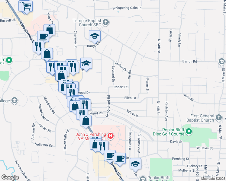 map of restaurants, bars, coffee shops, grocery stores, and more near 1720 Robert Street in Poplar Bluff