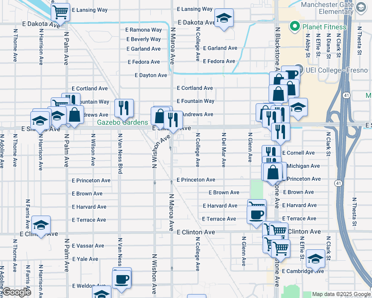 map of restaurants, bars, coffee shops, grocery stores, and more near 936 East Simpson Avenue in Fresno