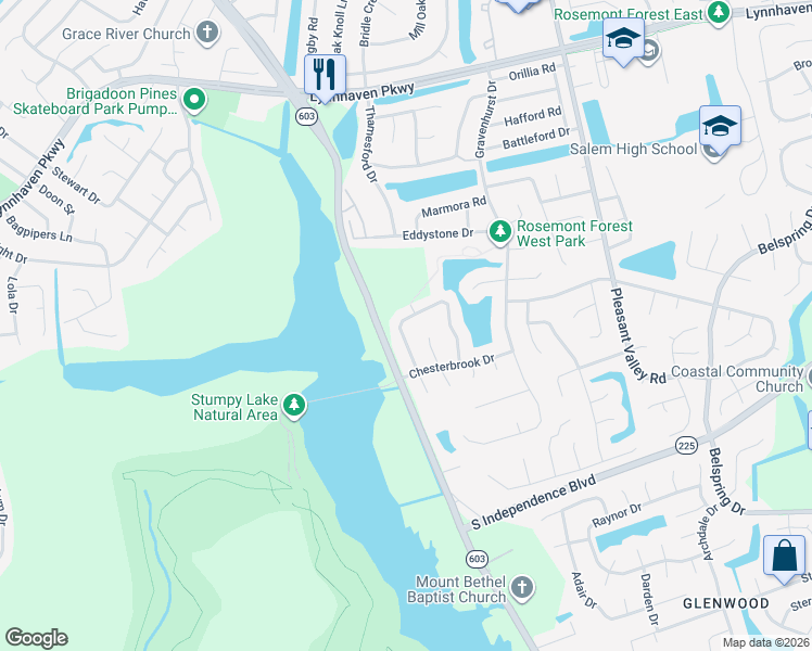 map of restaurants, bars, coffee shops, grocery stores, and more near 2110 Lyndora Road in Virginia Beach