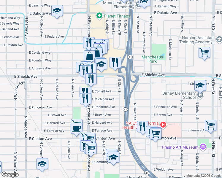 map of restaurants, bars, coffee shops, grocery stores, and more near 2010 East Simpson Avenue in Fresno