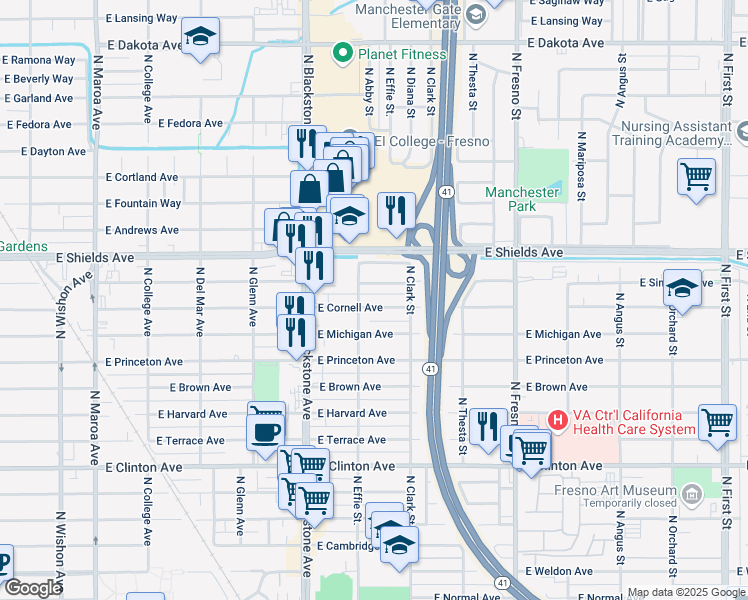map of restaurants, bars, coffee shops, grocery stores, and more near 2010 East Simpson Avenue in Fresno