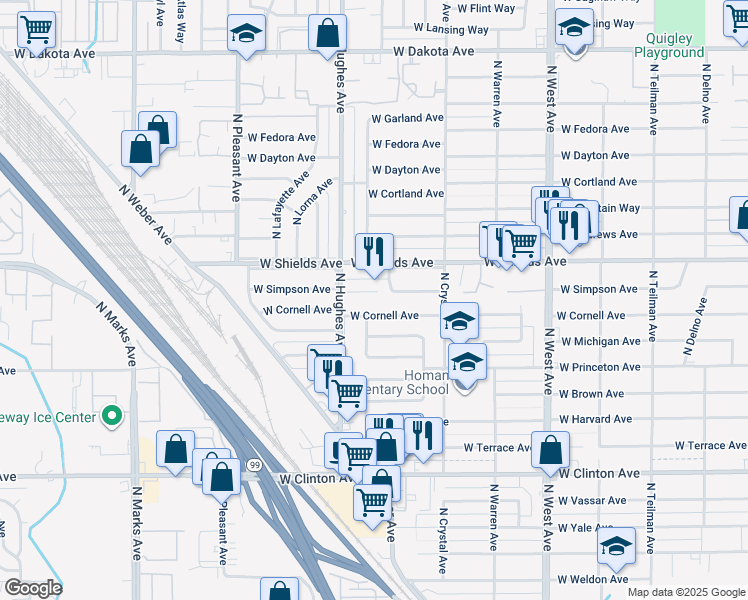 map of restaurants, bars, coffee shops, grocery stores, and more near 1950 West Simpson Avenue in Fresno