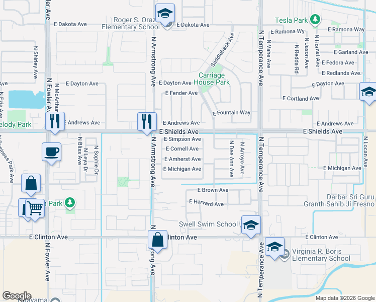 map of restaurants, bars, coffee shops, grocery stores, and more near 6674 East Cornell Avenue in Fresno