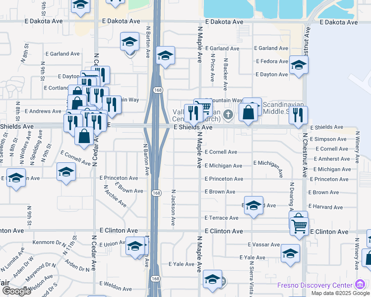 map of restaurants, bars, coffee shops, grocery stores, and more near 4576 East Simpson Avenue in Fresno
