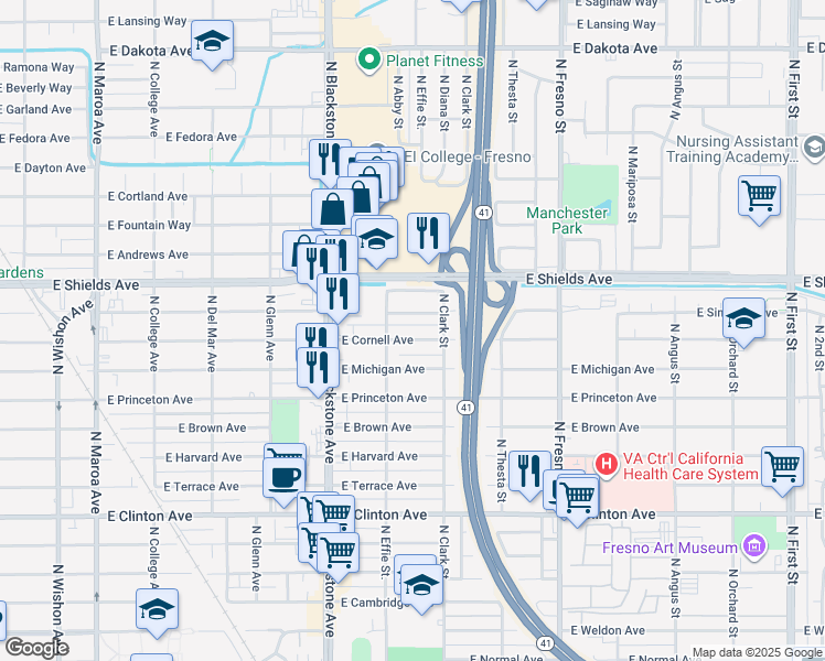 map of restaurants, bars, coffee shops, grocery stores, and more near 2010 East Simpson Avenue in Fresno