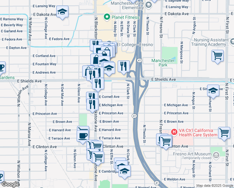 map of restaurants, bars, coffee shops, grocery stores, and more near 2010 East Simpson Avenue in Fresno