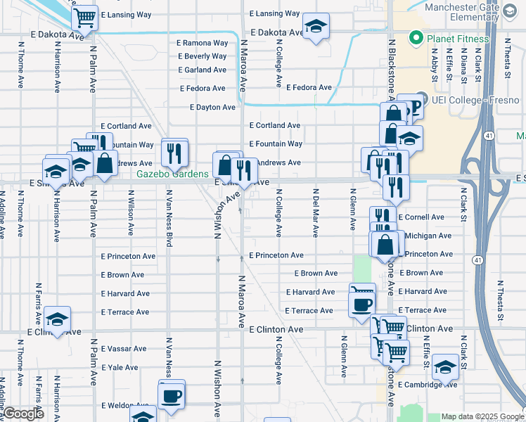 map of restaurants, bars, coffee shops, grocery stores, and more near 936 East Simpson Avenue in Fresno
