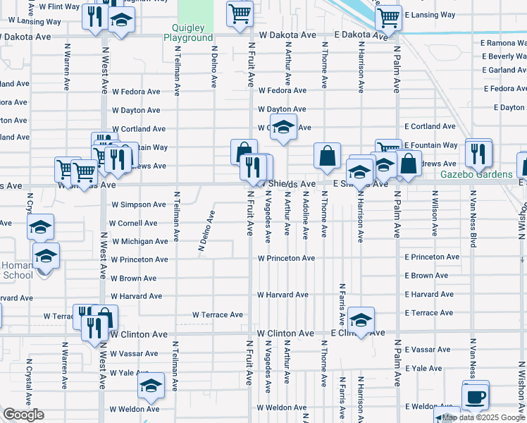 map of restaurants, bars, coffee shops, grocery stores, and more near 3105 North Vagedes Avenue in Fresno