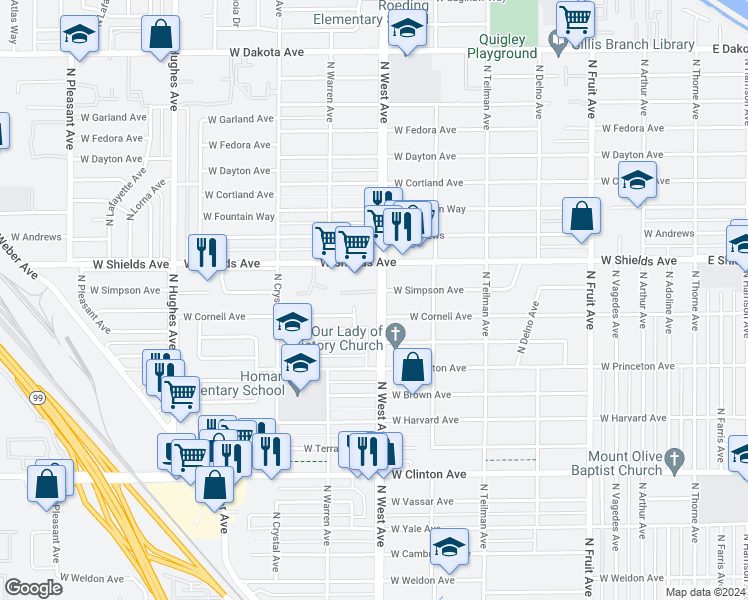 map of restaurants, bars, coffee shops, grocery stores, and more near 1325 West Shields Avenue in Fresno