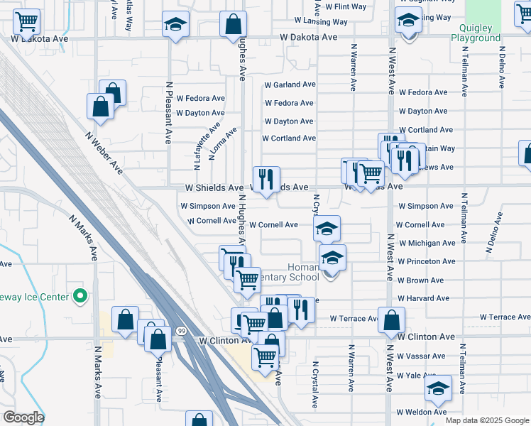 map of restaurants, bars, coffee shops, grocery stores, and more near 1950 West Simpson Avenue in Fresno
