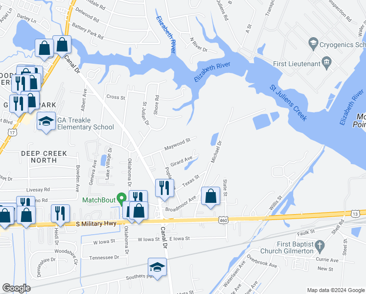 map of restaurants, bars, coffee shops, grocery stores, and more near 2044 Maywood Street in Chesapeake