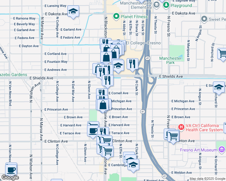 map of restaurants, bars, coffee shops, grocery stores, and more near 1745 East Cornell Avenue in Fresno