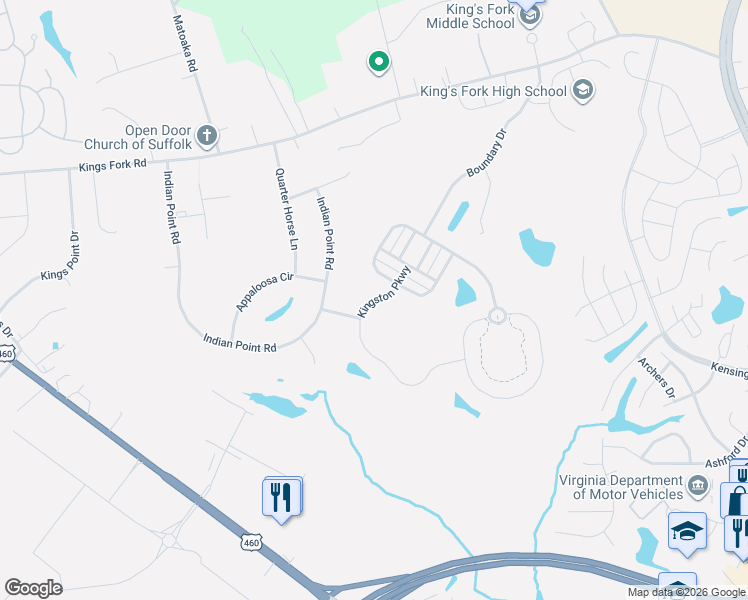 map of restaurants, bars, coffee shops, grocery stores, and more near 2044 Queens Point Drive in Suffolk