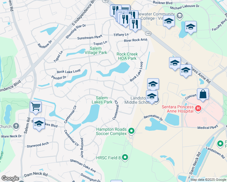 map of restaurants, bars, coffee shops, grocery stores, and more near 2253 Speckled Rock Lane in Virginia Beach