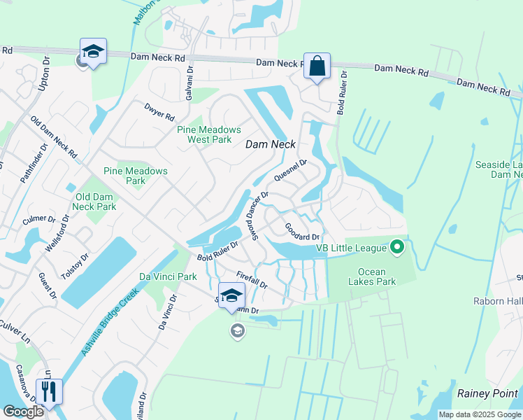 map of restaurants, bars, coffee shops, grocery stores, and more near 1623 Mantane Arch in Virginia Beach