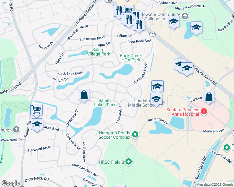 map of restaurants, bars, coffee shops, grocery stores, and more near 2253 Speckled Rock Lane in Virginia Beach