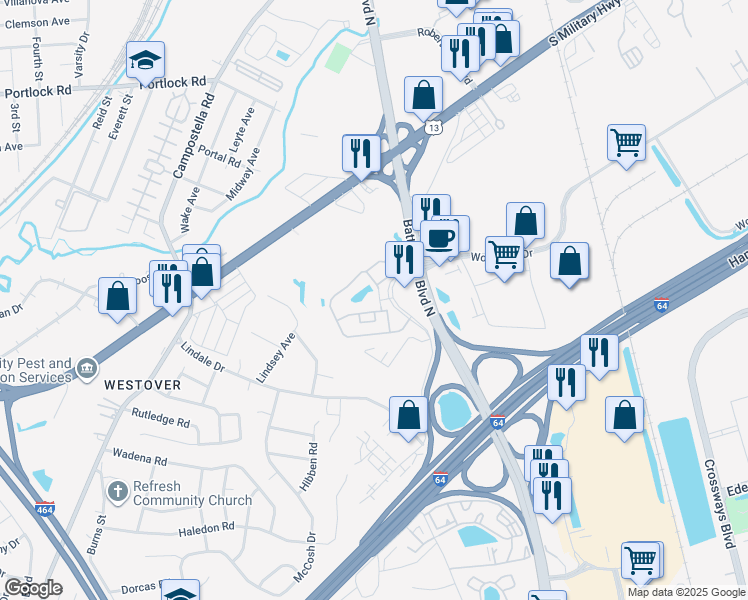 map of restaurants, bars, coffee shops, grocery stores, and more near 1228 Triple Crown Circle in Chesapeake