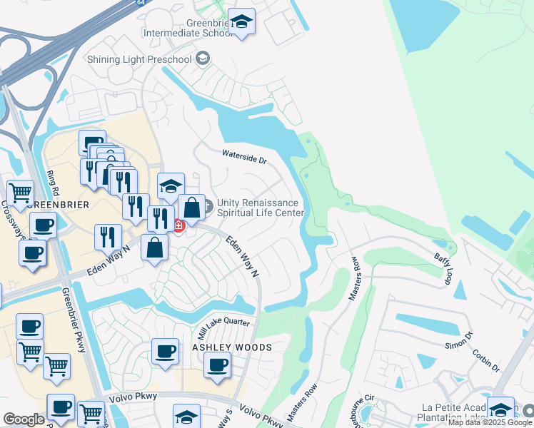 map of restaurants, bars, coffee shops, grocery stores, and more near 1432 Bayberry Court South in Chesapeake