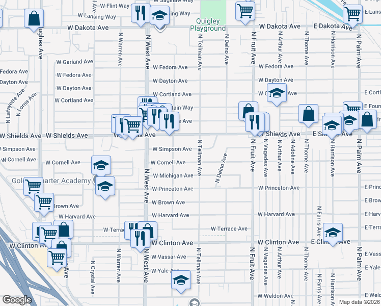 map of restaurants, bars, coffee shops, grocery stores, and more near 938 West Simpson Avenue in Fresno