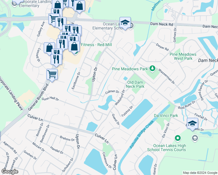 map of restaurants, bars, coffee shops, grocery stores, and more near 1721 Culmer Court in Virginia Beach