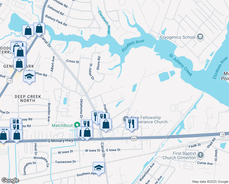 map of restaurants, bars, coffee shops, grocery stores, and more near 2043 Maywood Street in Chesapeake