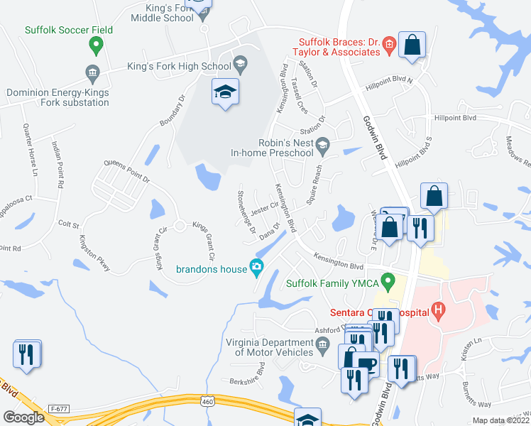 map of restaurants, bars, coffee shops, grocery stores, and more near 308 Gauntlet Way in Suffolk