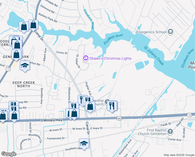 map of restaurants, bars, coffee shops, grocery stores, and more near 2043 Maywood Street in Chesapeake