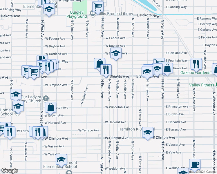 map of restaurants, bars, coffee shops, grocery stores, and more near 3105 North Vagedes Avenue in Fresno
