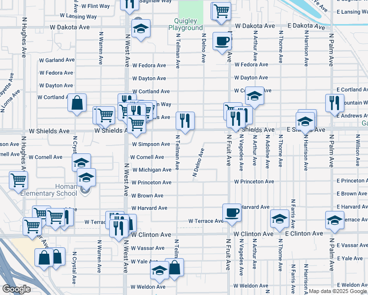 map of restaurants, bars, coffee shops, grocery stores, and more near 832 West Simpson Avenue in Fresno