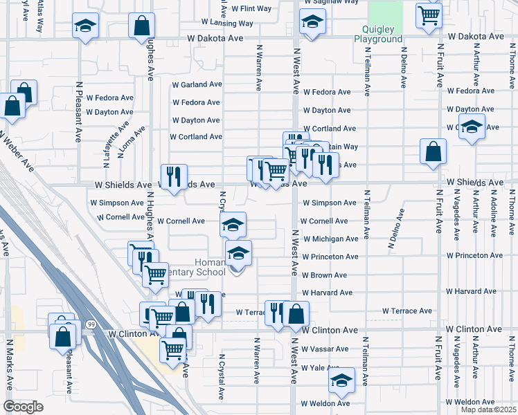 map of restaurants, bars, coffee shops, grocery stores, and more near 1501 West Shields Avenue in Fresno