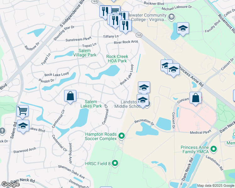 map of restaurants, bars, coffee shops, grocery stores, and more near 2169 Rock Lake Loop in Virginia Beach