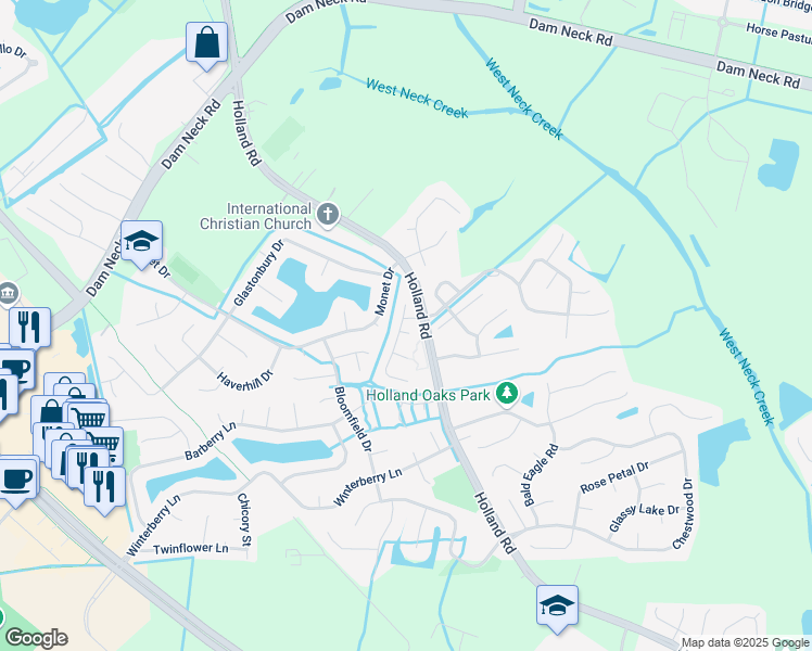 map of restaurants, bars, coffee shops, grocery stores, and more near 3012 May Court in Virginia Beach