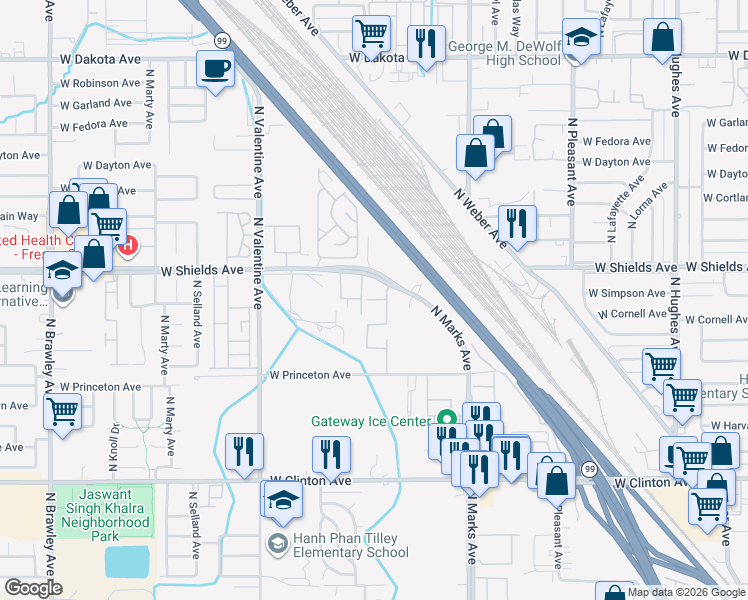 map of restaurants, bars, coffee shops, grocery stores, and more near 3165 West Shields Avenue in Fresno
