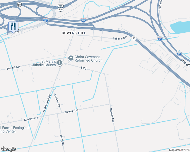 map of restaurants, bars, coffee shops, grocery stores, and more near 4333 East Road in Chesapeake