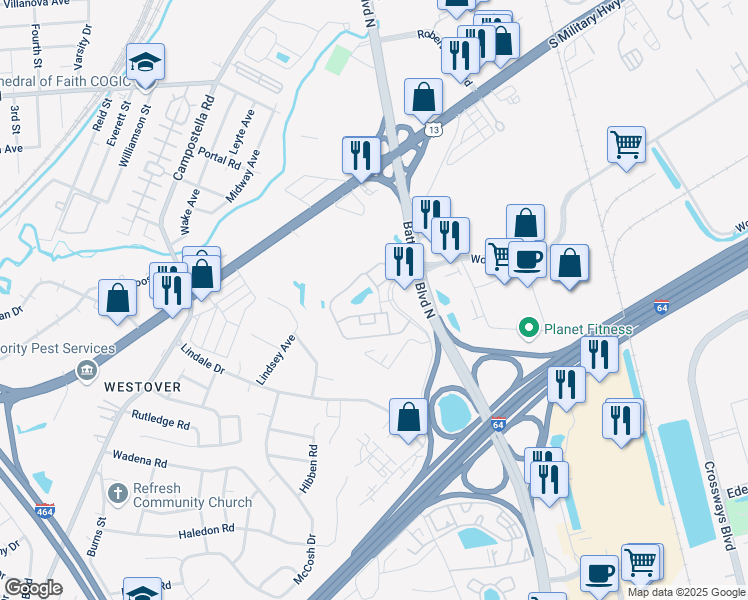 map of restaurants, bars, coffee shops, grocery stores, and more near 1228 Triple Crown Circle in Chesapeake