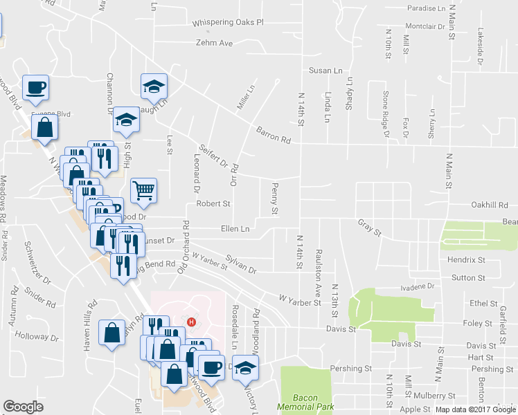 map of restaurants, bars, coffee shops, grocery stores, and more near 2208 Trousdale Street in Poplar Bluff