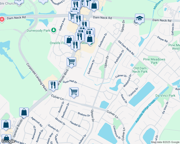 map of restaurants, bars, coffee shops, grocery stores, and more near 1201 Madras Court in Virginia Beach