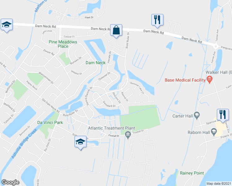 map of restaurants, bars, coffee shops, grocery stores, and more near 1706 Unicorn Drive in Virginia Beach