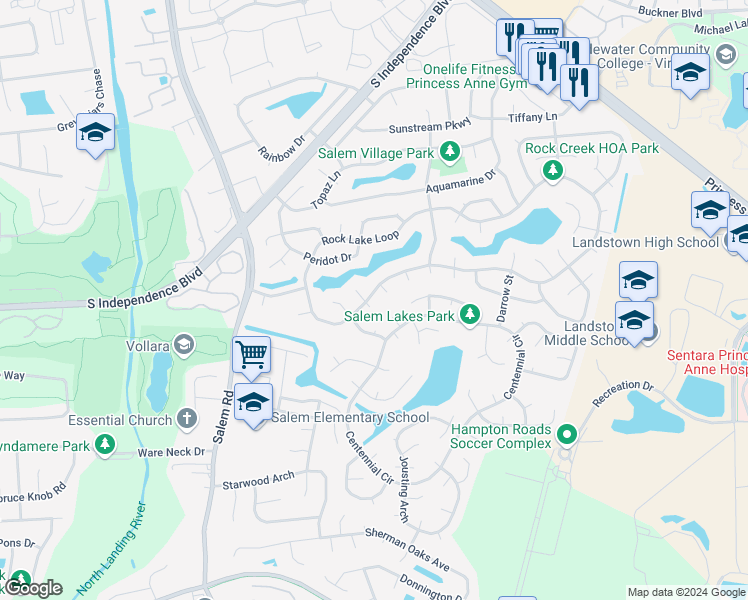 map of restaurants, bars, coffee shops, grocery stores, and more near 2361 Rock Lake Loop in Virginia Beach
