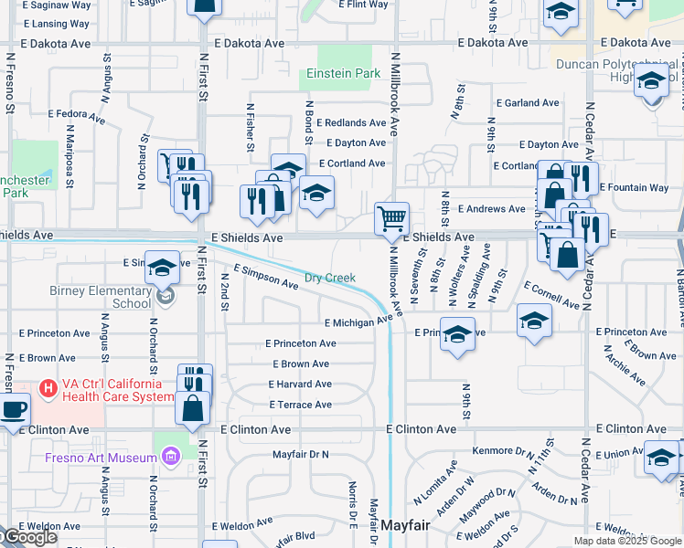 map of restaurants, bars, coffee shops, grocery stores, and more near 3510 East Shields Avenue in Fresno