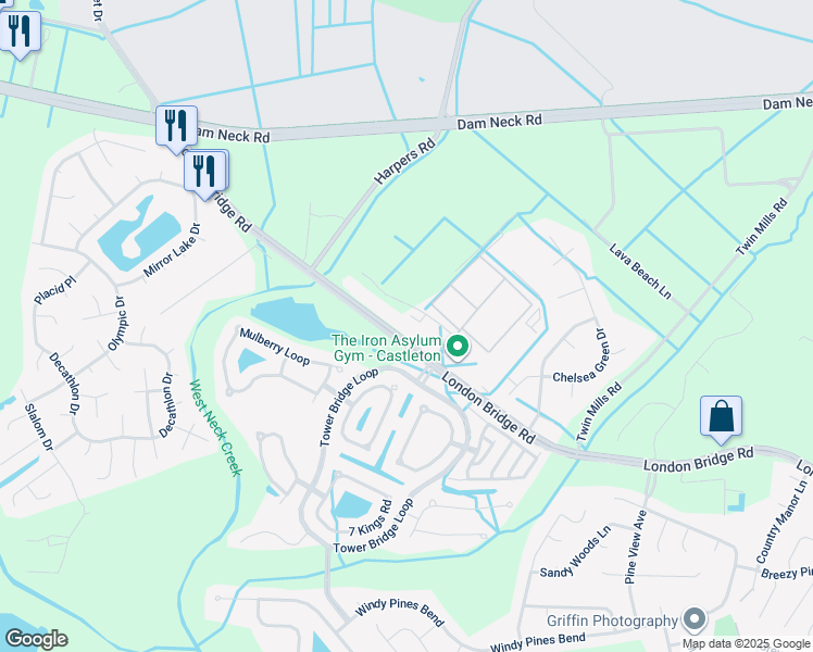 map of restaurants, bars, coffee shops, grocery stores, and more near 2445 Castleton Commerce Way in Virginia Beach