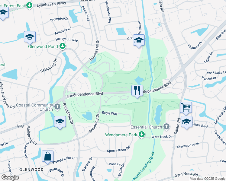 map of restaurants, bars, coffee shops, grocery stores, and more near 5141 Glenwood Way in Virginia Beach